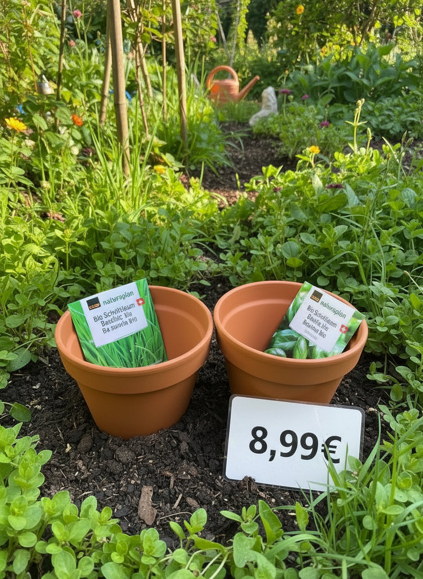 2er Terracotta Topf-Set mit Basilikum- und Schnittlauchsamen