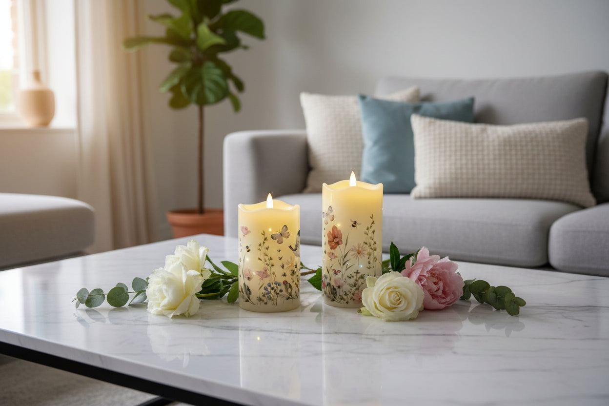 LED Kerze 2tlg mit Pflanzen und Vogelmotiv