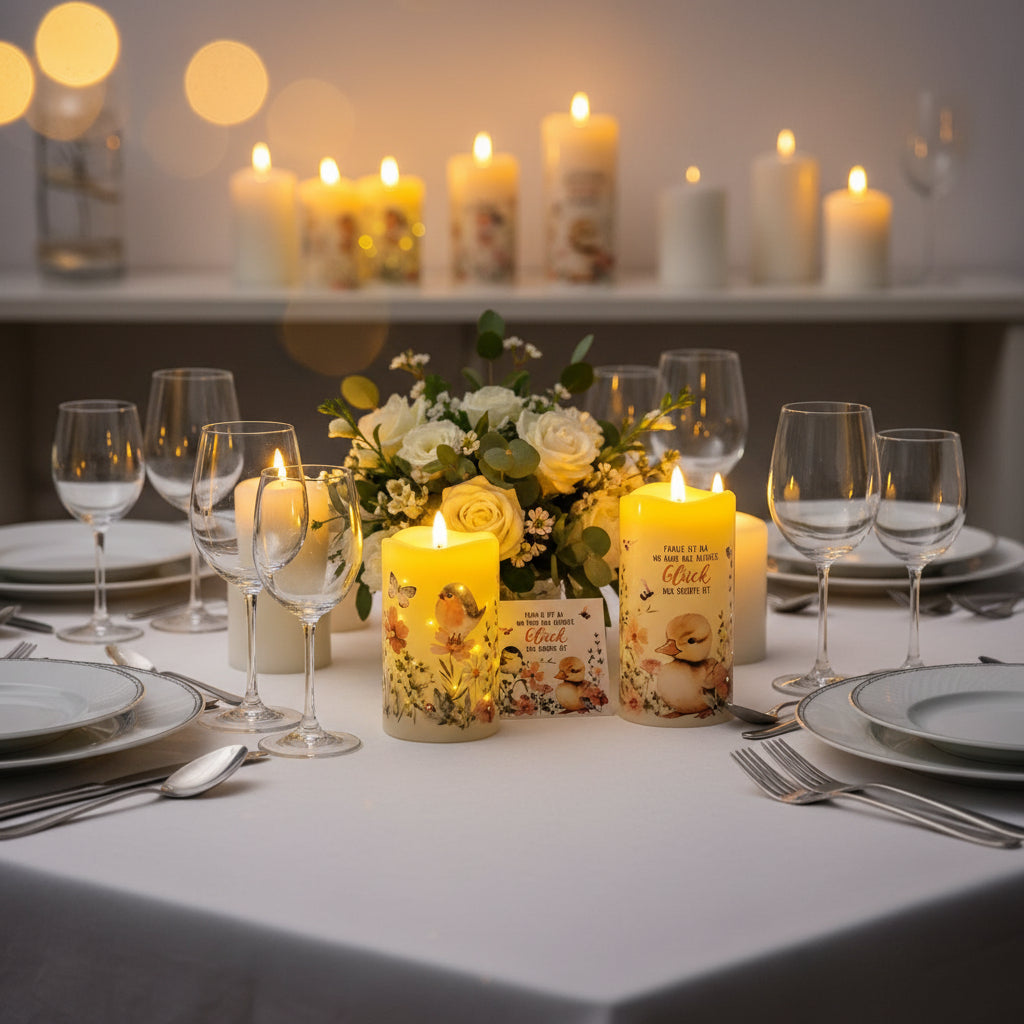 LED Kerze 2tlg mit Pflanzen und Vogelmotiv