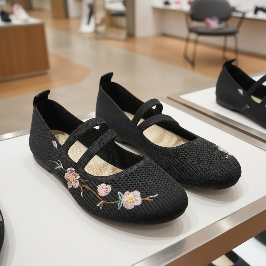 Ballerinas Schwarz mit aufgestickten Blumen Größe 35