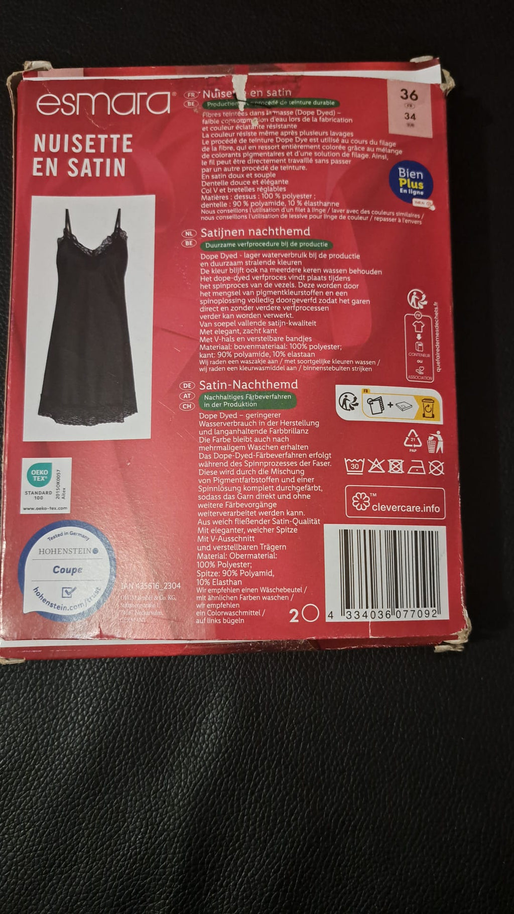 Esmara Nachthemd aus Satin Schwarz Größe 36