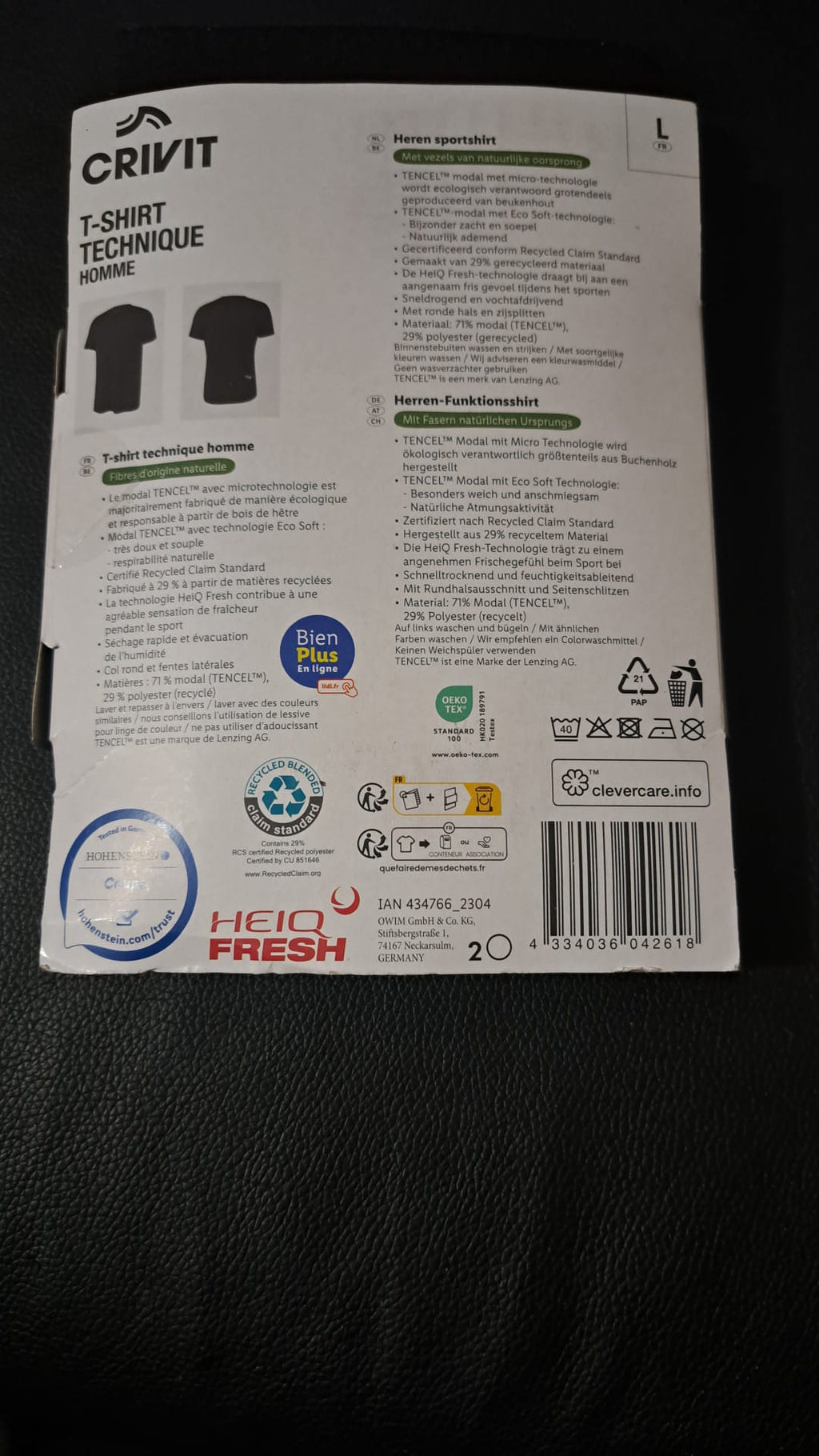 Crivit T-Shirt Technique Homme Schwarz Größe L