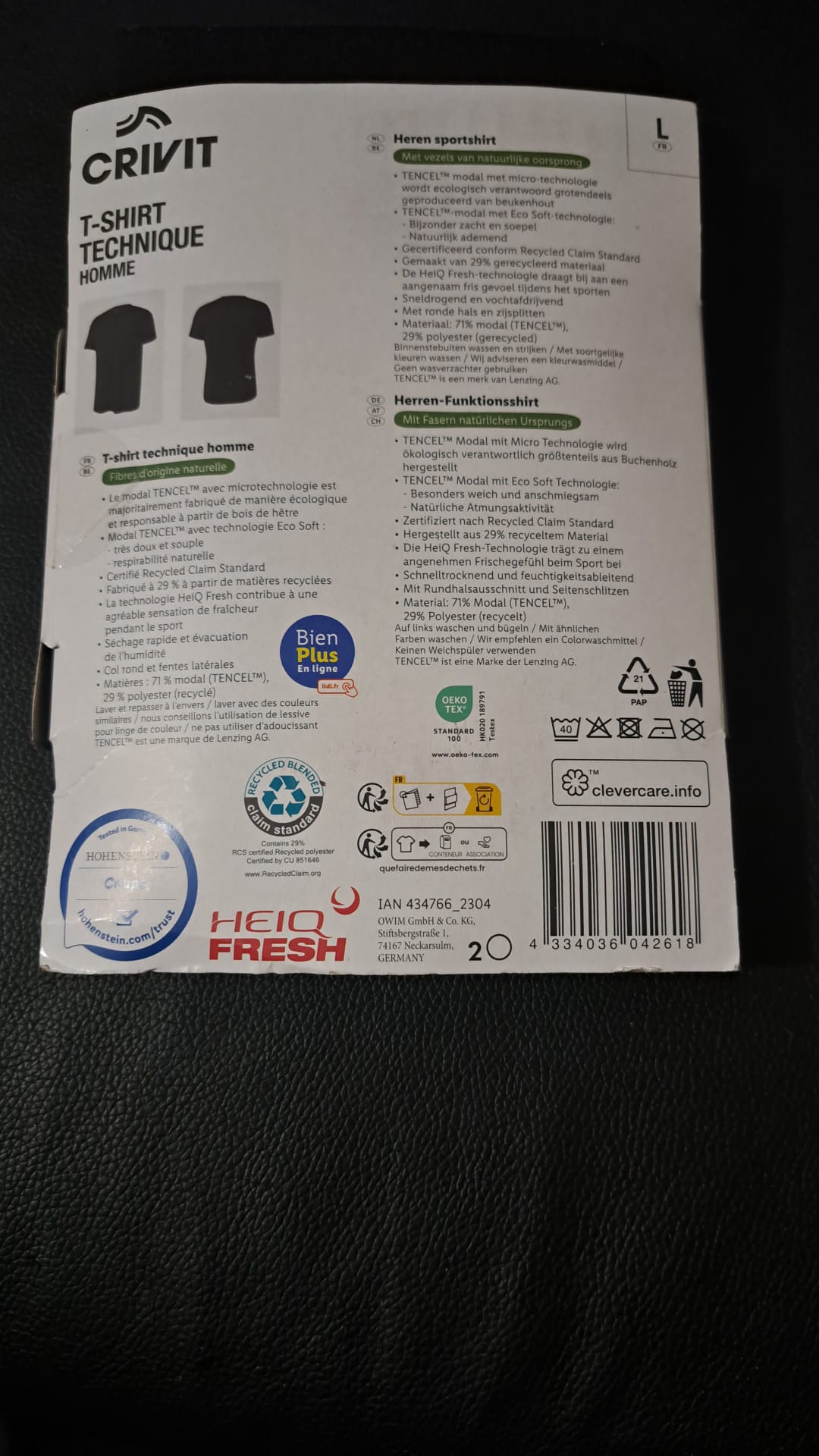 Crivit T-Shirt Technique Homme Schwarz Größe L