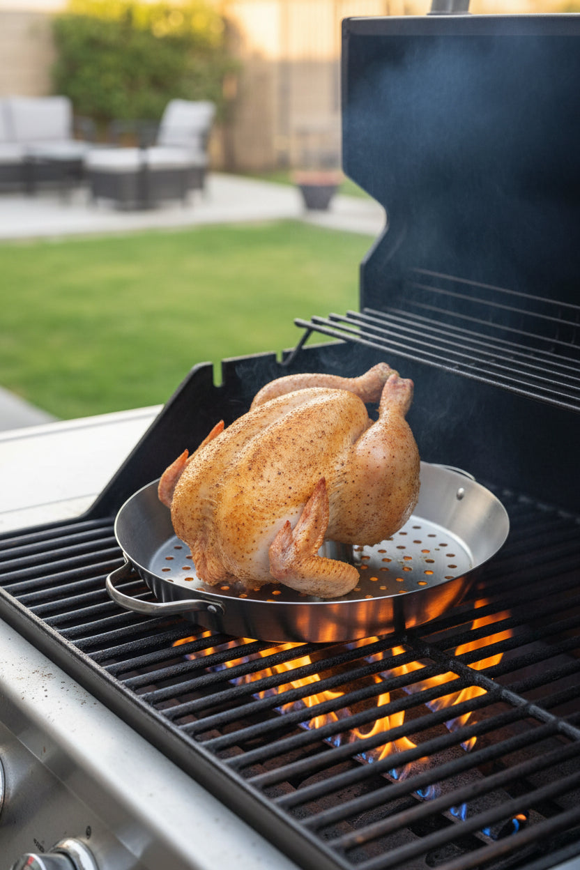 Geflügelhalter aus Edelstahl zur professionellen Zubereitung von ganzen Brathähnchen auf dem Grill