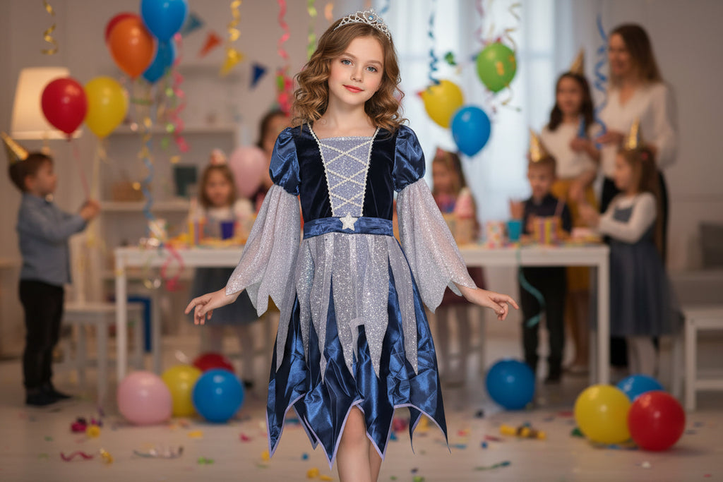 Halloween Hexenkostüm für Mädchen, Sternenkleid mit Hut, Zauberstab und Bonbontüte