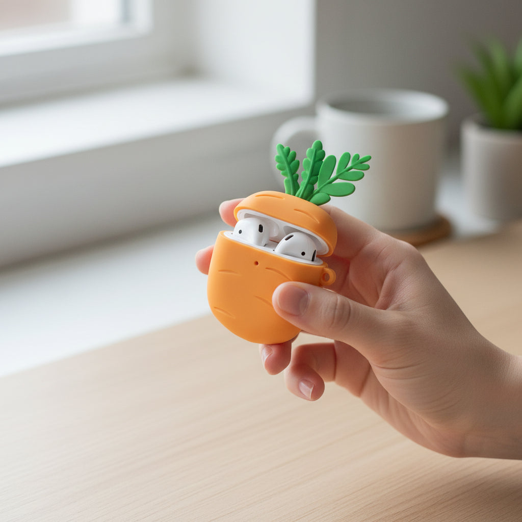 MOJIPOWER, AirPods 1 und 2 Generation Hülle, Erste und Zweite Generation AirPods Cover mit Seitlichem Schlüsselring, Schutzhülle für AirPods, Karotte Design