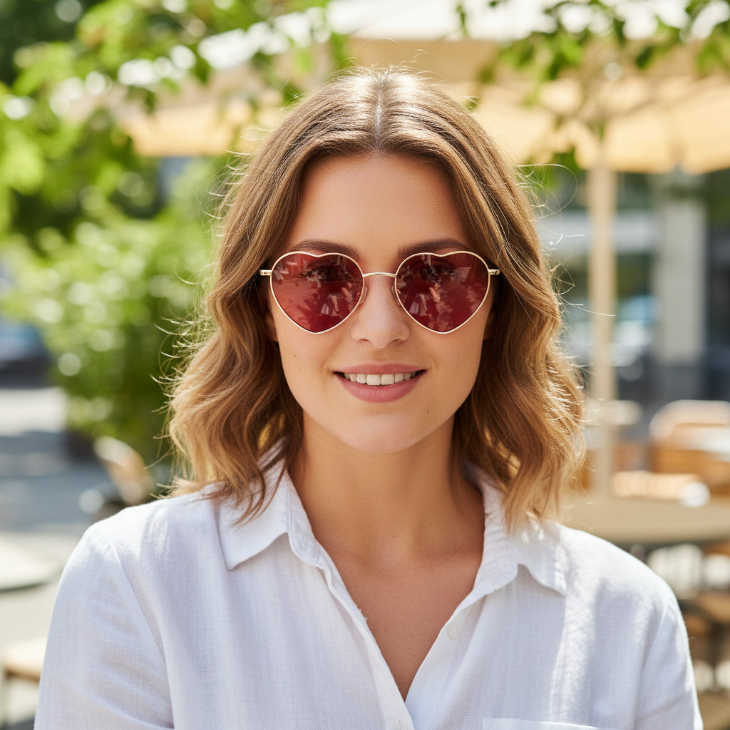 Herz-Sonnenbrille mit goldenem Rahmen und roten Gläsern