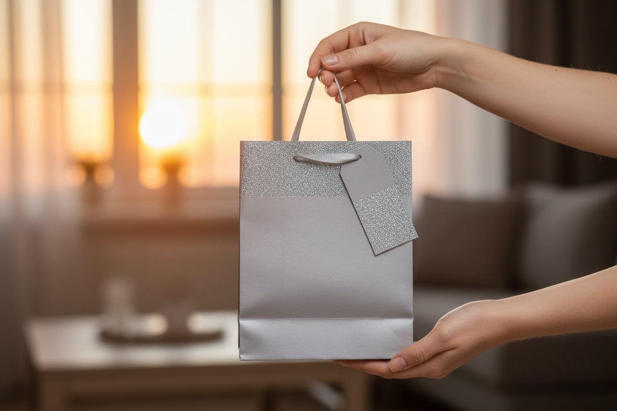 Silberne Geschenktüte der Marke Collage