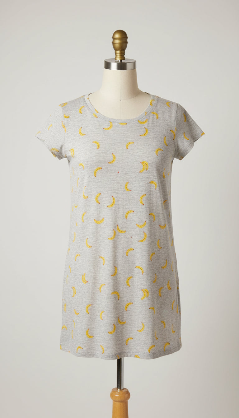 Esmara Damen T-Shirt Lang Grau mit Bananen-Motiv Größe XL